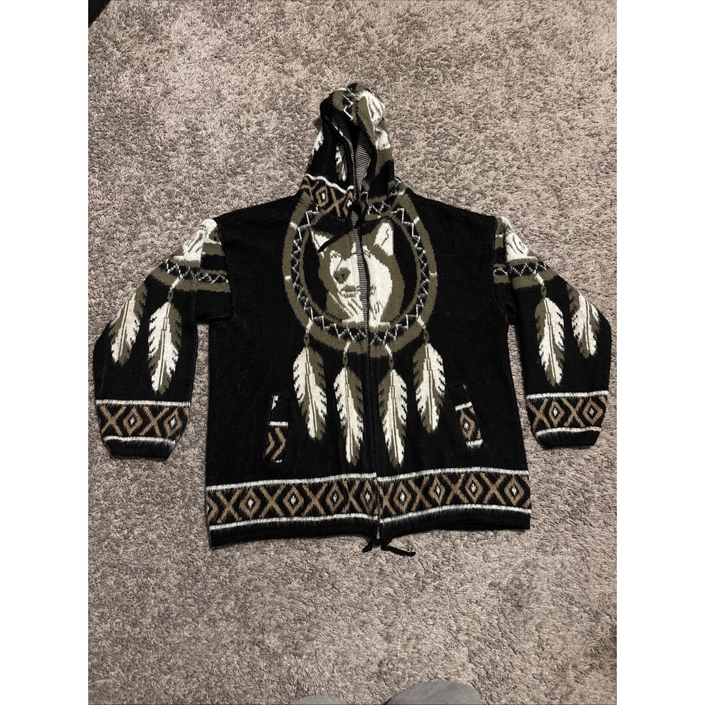 Vintage Andes Alpaca Wool Wolf Dream Catcher Gray Full Zip Hooded Sweater FLAWED
